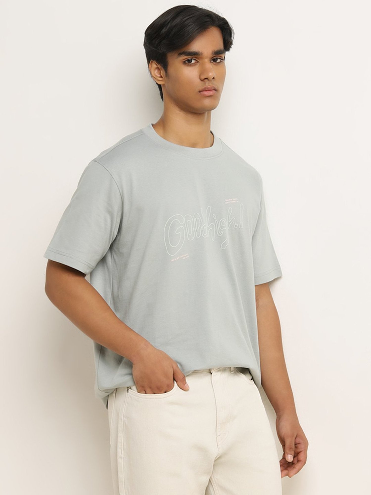 Nuon by Westside Grey Text Design Relaxed-Fit Cotton T-Shirt