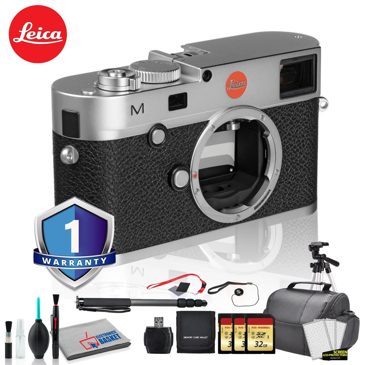 Leica M (Typ 240) Digital Rangefinder Camera (Silver) Bundle with 1 Year Extended Warranty + 3x 32GB Memory Card + Editing Software Kit + Tripod + White Balance Cards Set and MORE
