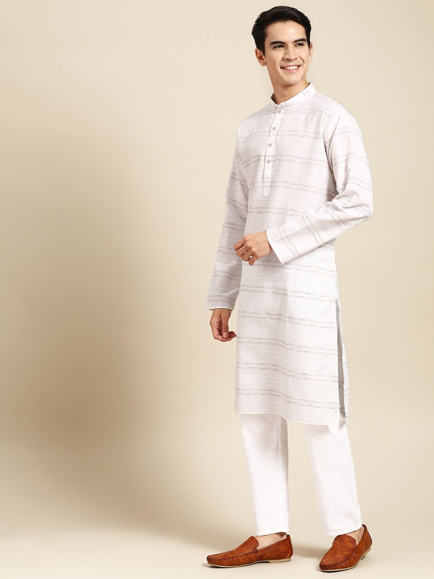 ManQ White Pure Cotton Regular Fit Striped Kurta
