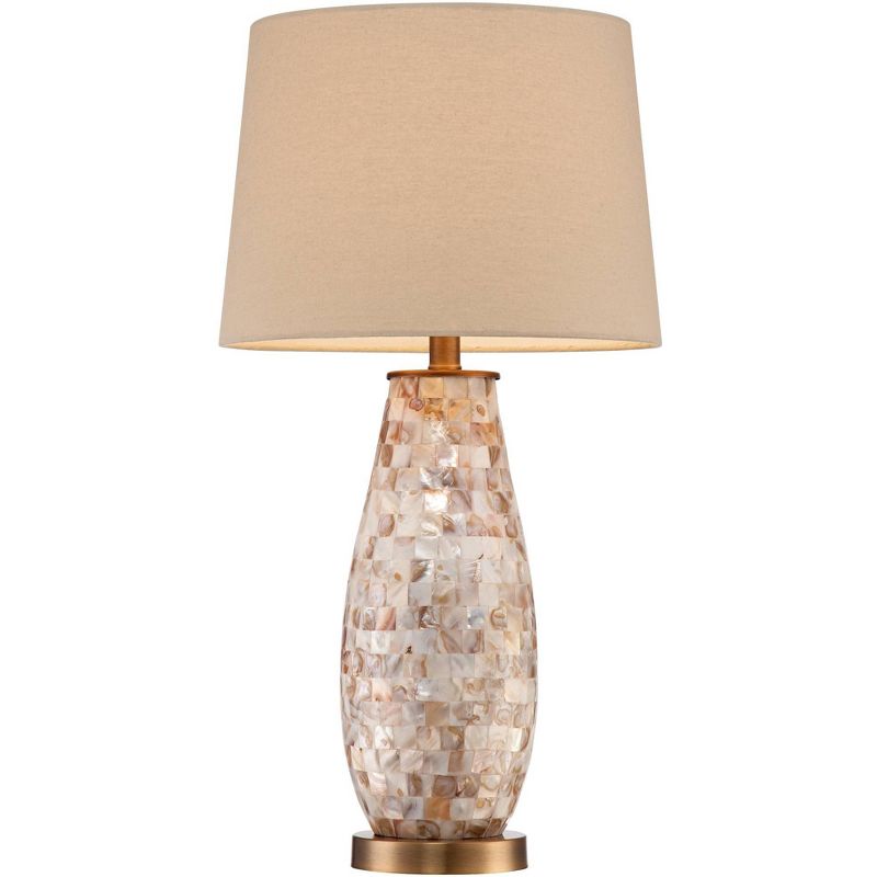 Regency Hill Cottage Table Lamps Set of 2 Mother of Pearl Tile Vase Beige Drum Shade for Living Room Family Bedroom Bedside Office
