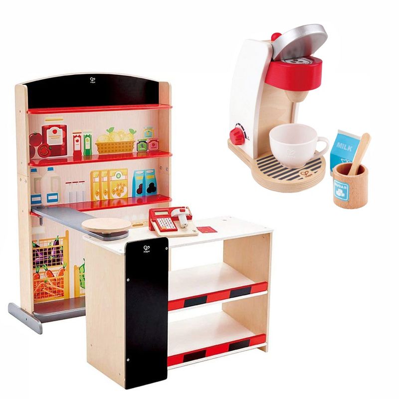 Hape Pop Up Grocery Shop Pretend Play Set Bundle with My Coffee Machine Kids Wooden Pretend Kitchen Coffee Maker with Accessories, Ages 3 and Up