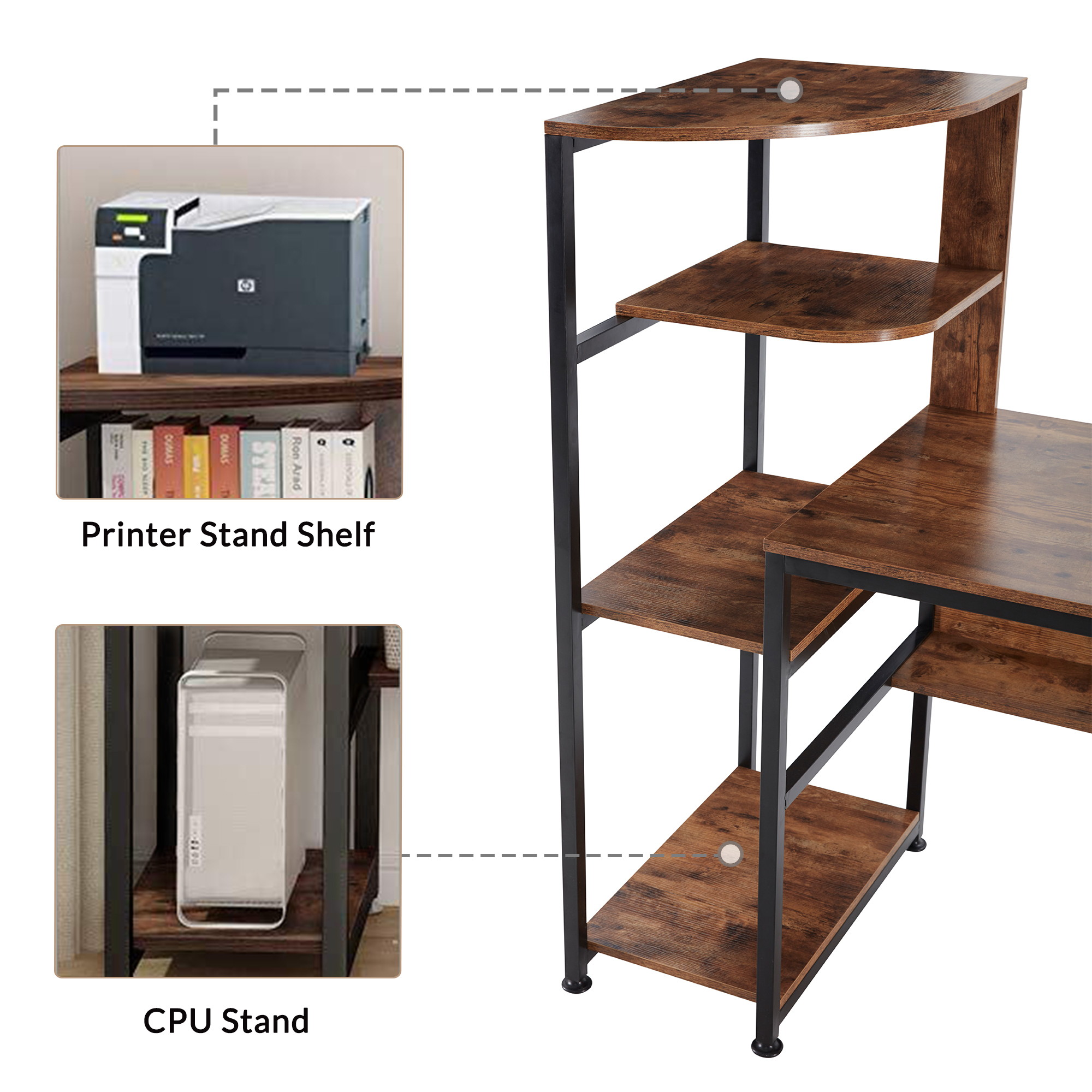 59" Home Office Computer Desk Large Modern Office Desk Study Writing Table Gaming Desk Workstation with 4-Tier Storage Shelves, Bookshelf and Tower Shelf Brown