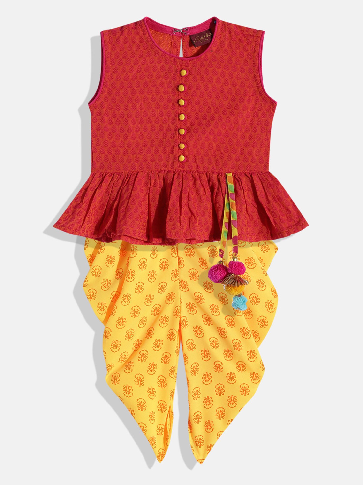 TWISHA Kids Red & Yellow Self Design Top with Dhoti