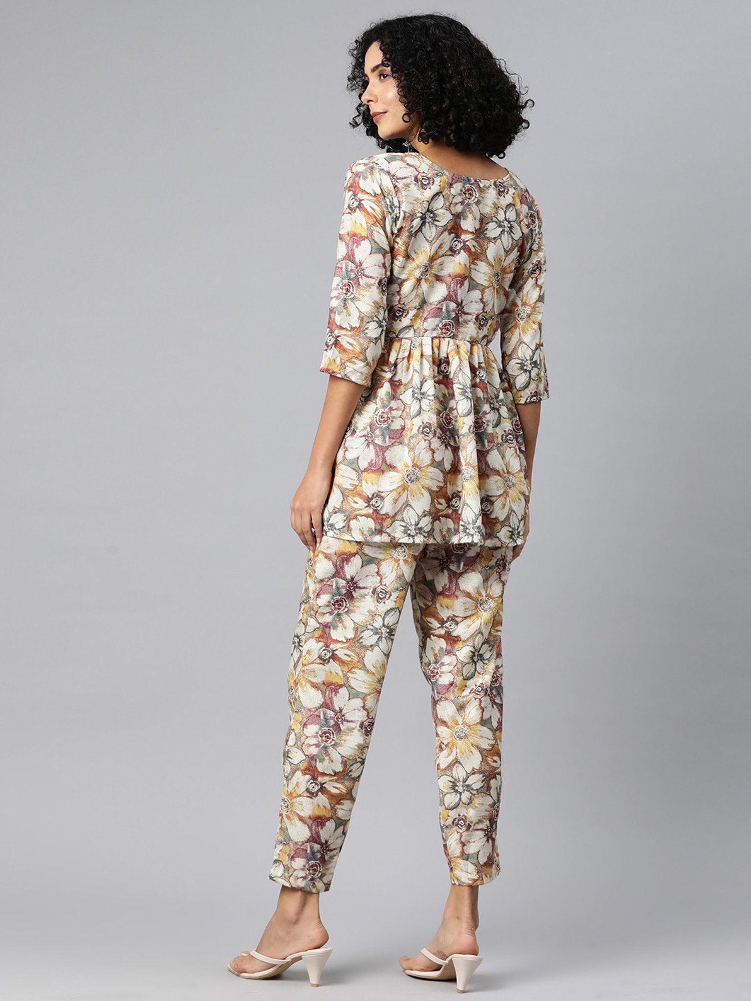 READIPRINT FASHIONS Beige Cotton Floral Print Top Pant Set