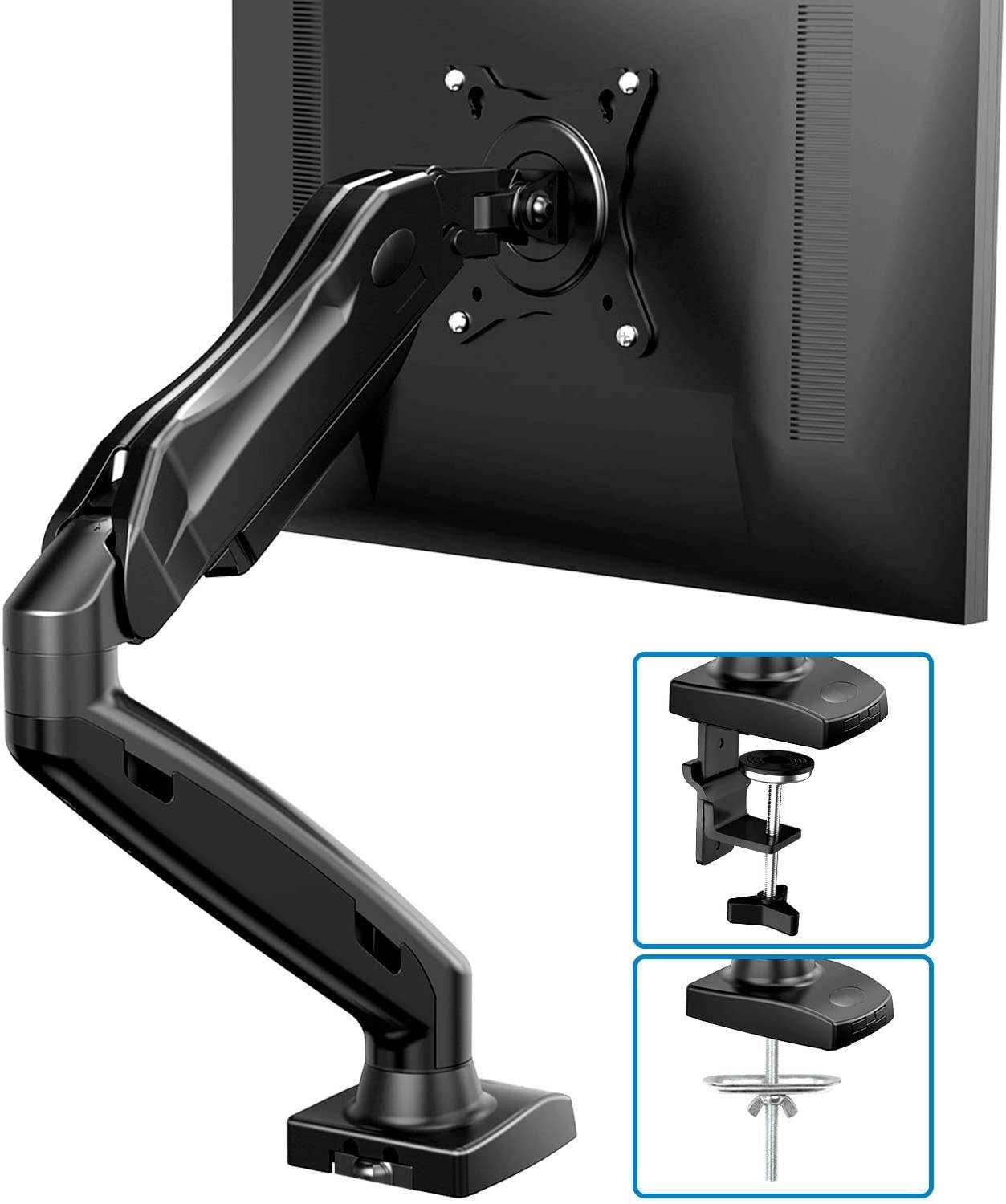 Single Monitor Mount - Articulating Gas Spring Monitor Arm, Adjustable VESA Mount Desk Stand with Clamp and Grommet Base - Fits 17 to 27 Inch LCD Computer Monitors 4.4 to 14.3lbs