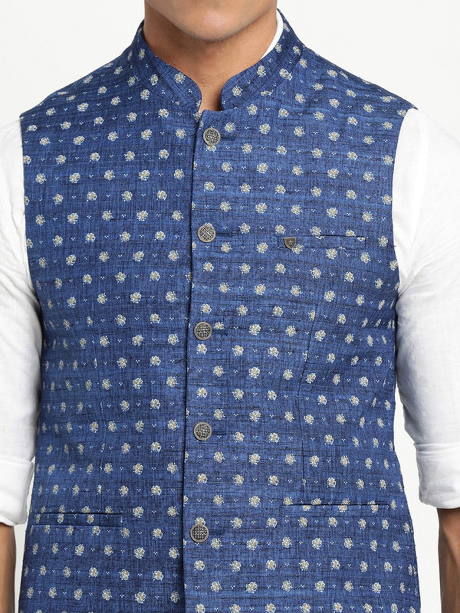 Turtle Blue Slim Fit Printed Nehru Jacket