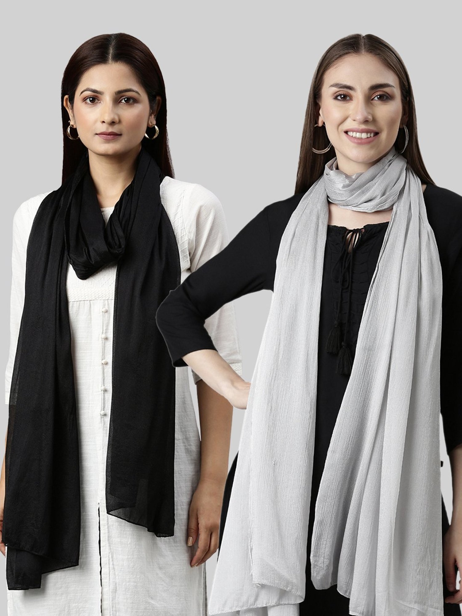 TWIN BIRDS Black & Silver Plain Dupatta - Pack Of 2