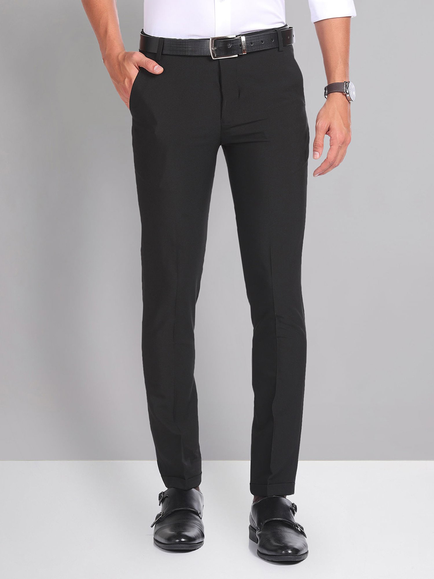 AD by Arvind Black Slim Fit Flat Front Trousers