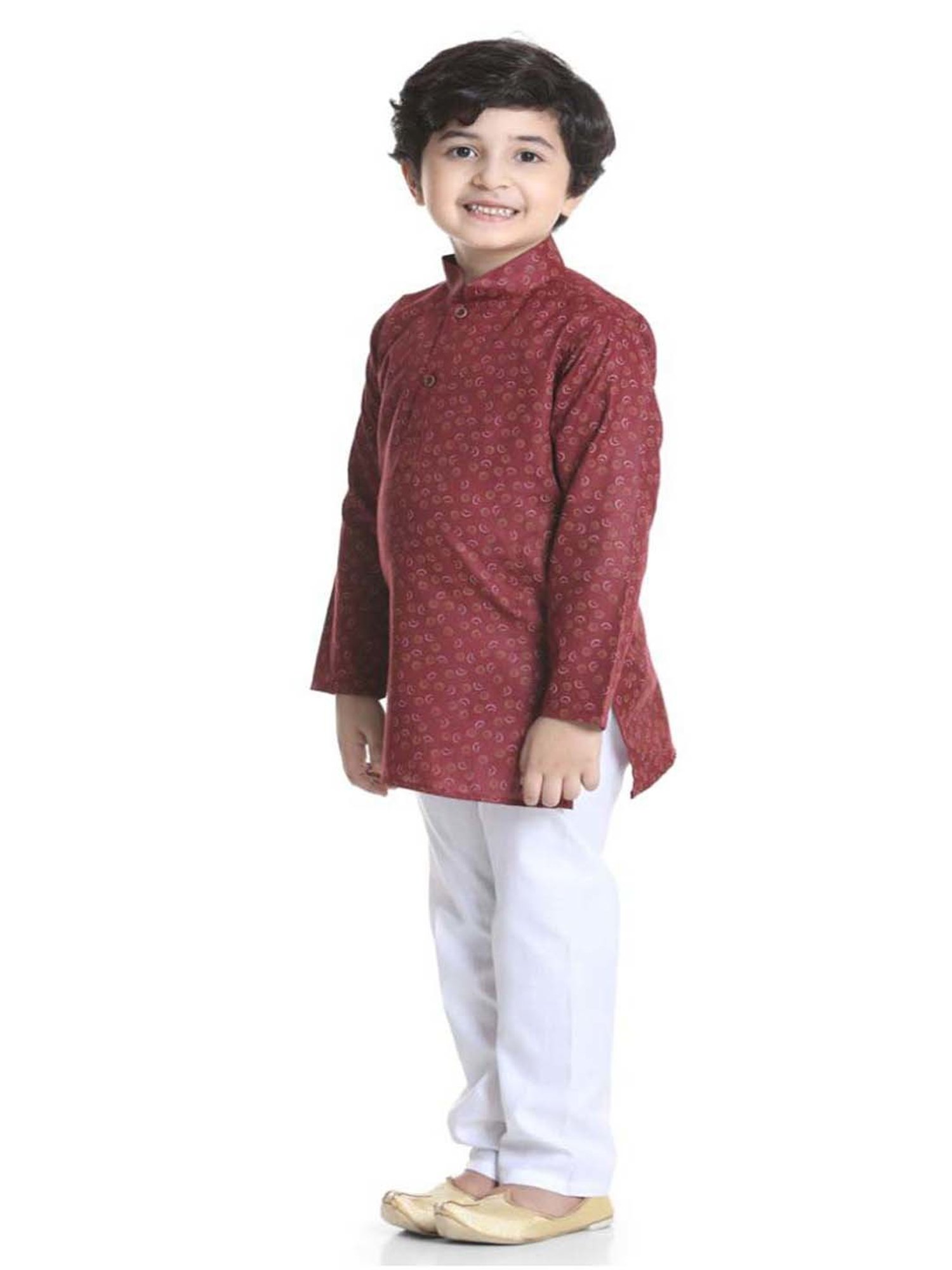 AJ Dezines Kids Maroon Cotton Printed Full Sleeves Kurta Set