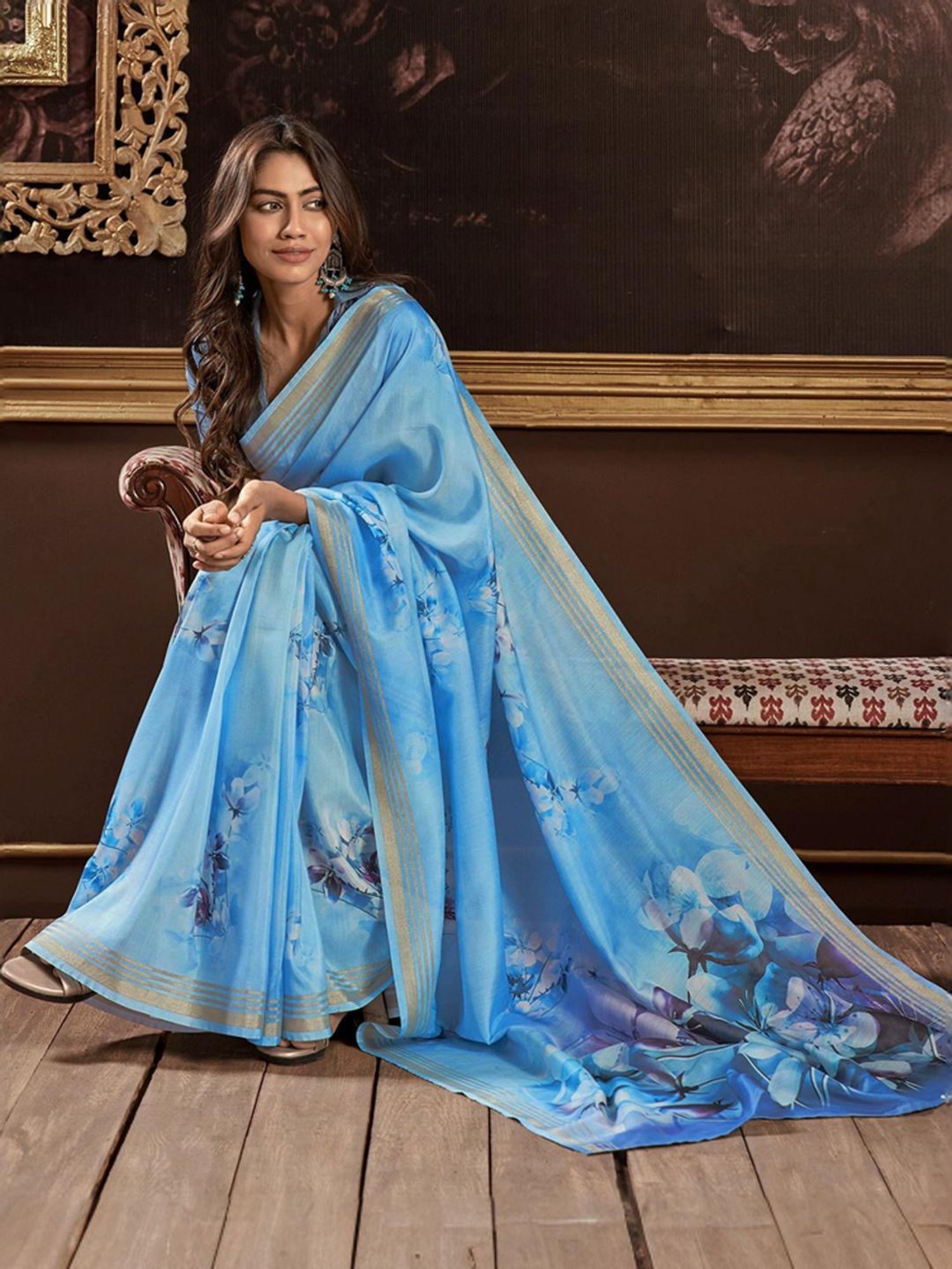 Satrani Blue Floral Print Saree With Unstitched Blouse