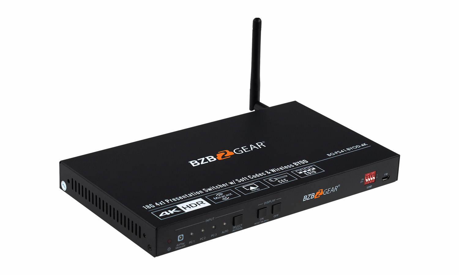 BZBGEAR 4X1 4K Wireless Presentation Switcher with HDMI 2.0/USB-C/Soft Codec