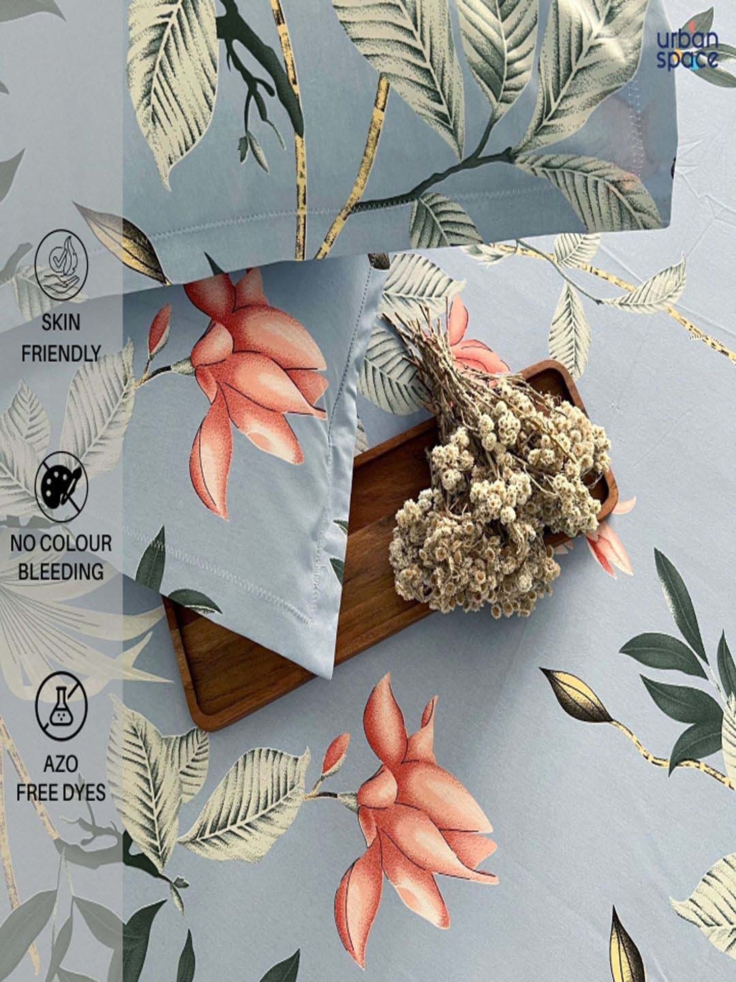 Urban Space Grey & Peach Cotton 200 TC King Bedsheet with 2 Pillow Covers