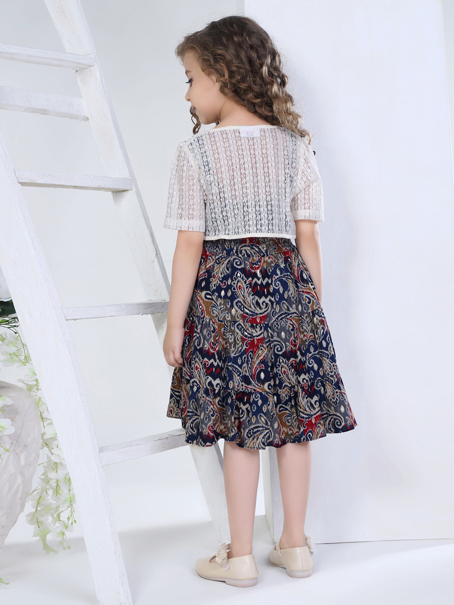 Peppermint Kids Blue & White Printed Dress