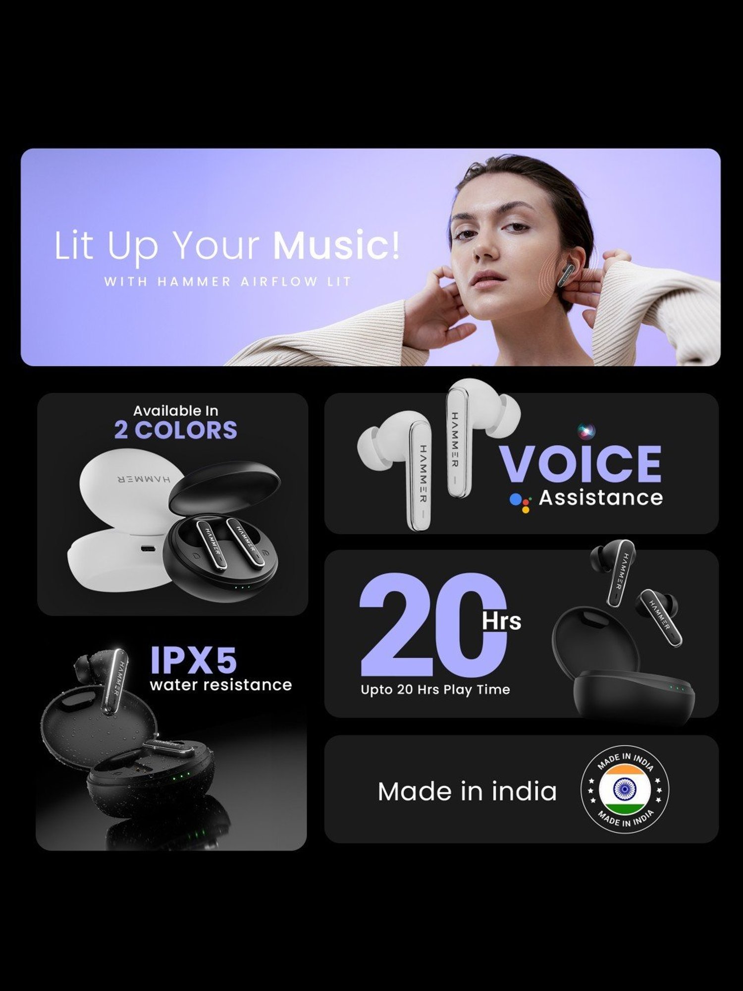 Hammer Airflow Lit in-Ear Earbuds with Upto 20H Playtime,Touch Controls (Black, True Wireless)