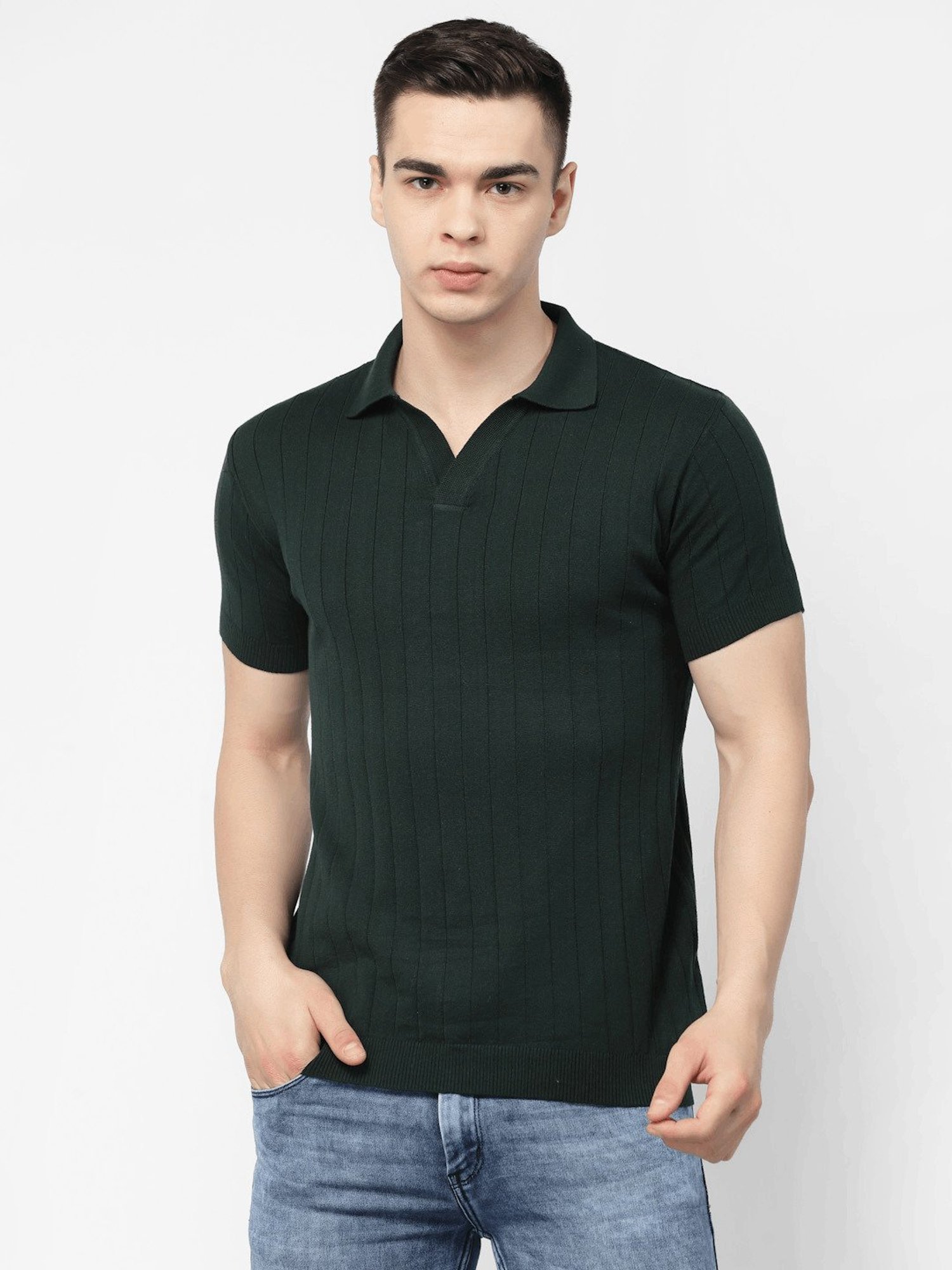Kalt Dark Green Regular Fit Striped Polo T-Shirt
