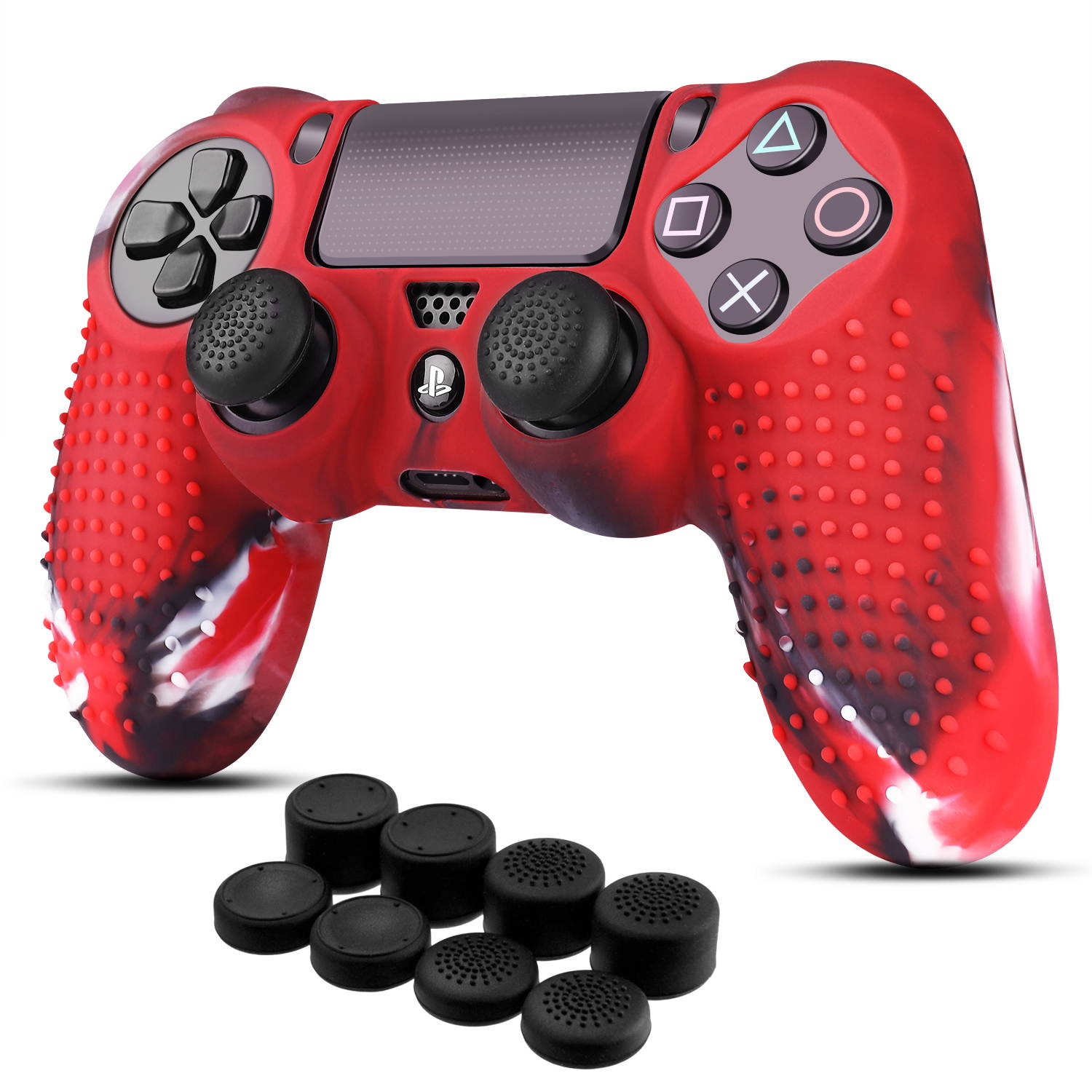 PS4 / Slim / Pro Controller Skin Grip Cover Case Set - Protective Soft Silicone Gel Rubber Shell & Studded Anti-slip Thumb Stick Caps for Sony PlayStation 4 Controller Gaming Gamepad (Mystic Red)
