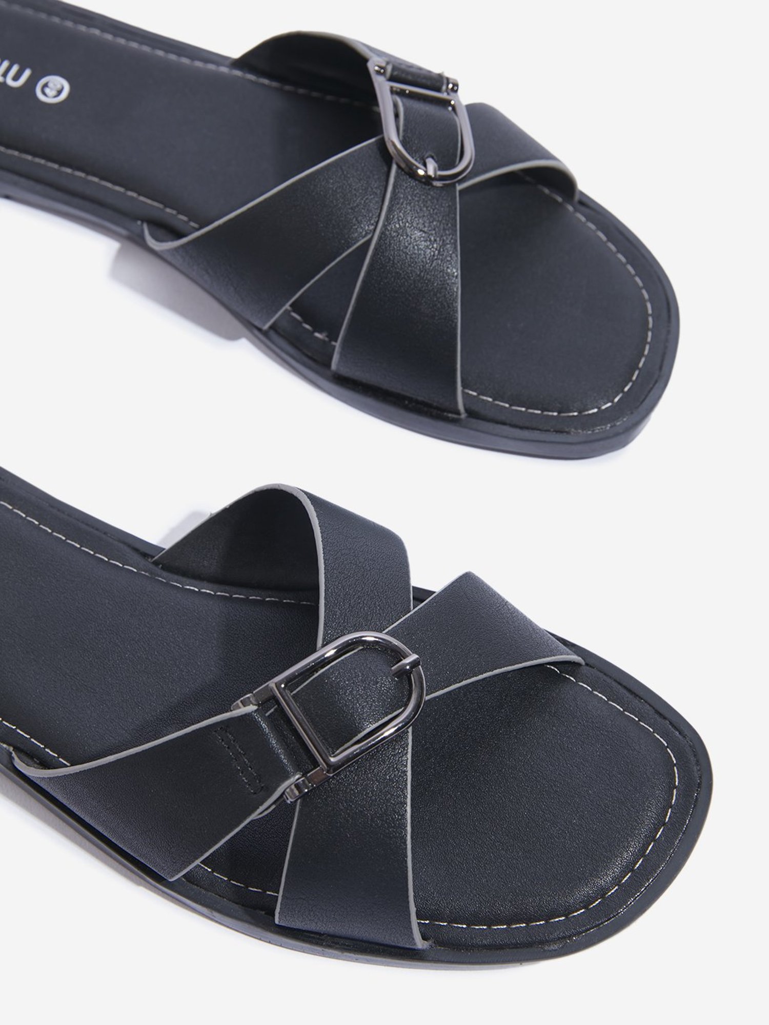 LUNA BLU by Westside Black Criss-Cross Strap Slides