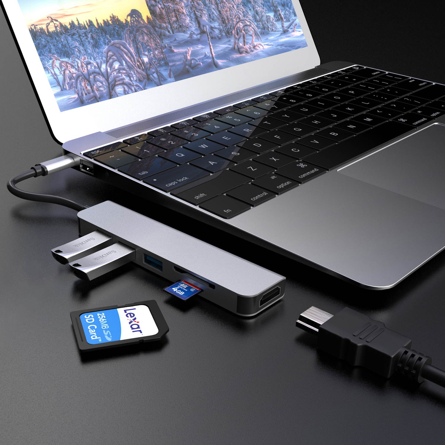 Computer USB converter 4 in 1 hub, HDMI Port Max 4K UHD 3840*2160@30HZ with  3 USB 3.0 Hub Ports up to 5Gbps for data syncing, Suitable for the Mac with TYPE C interface and mouse, card reader,etc.