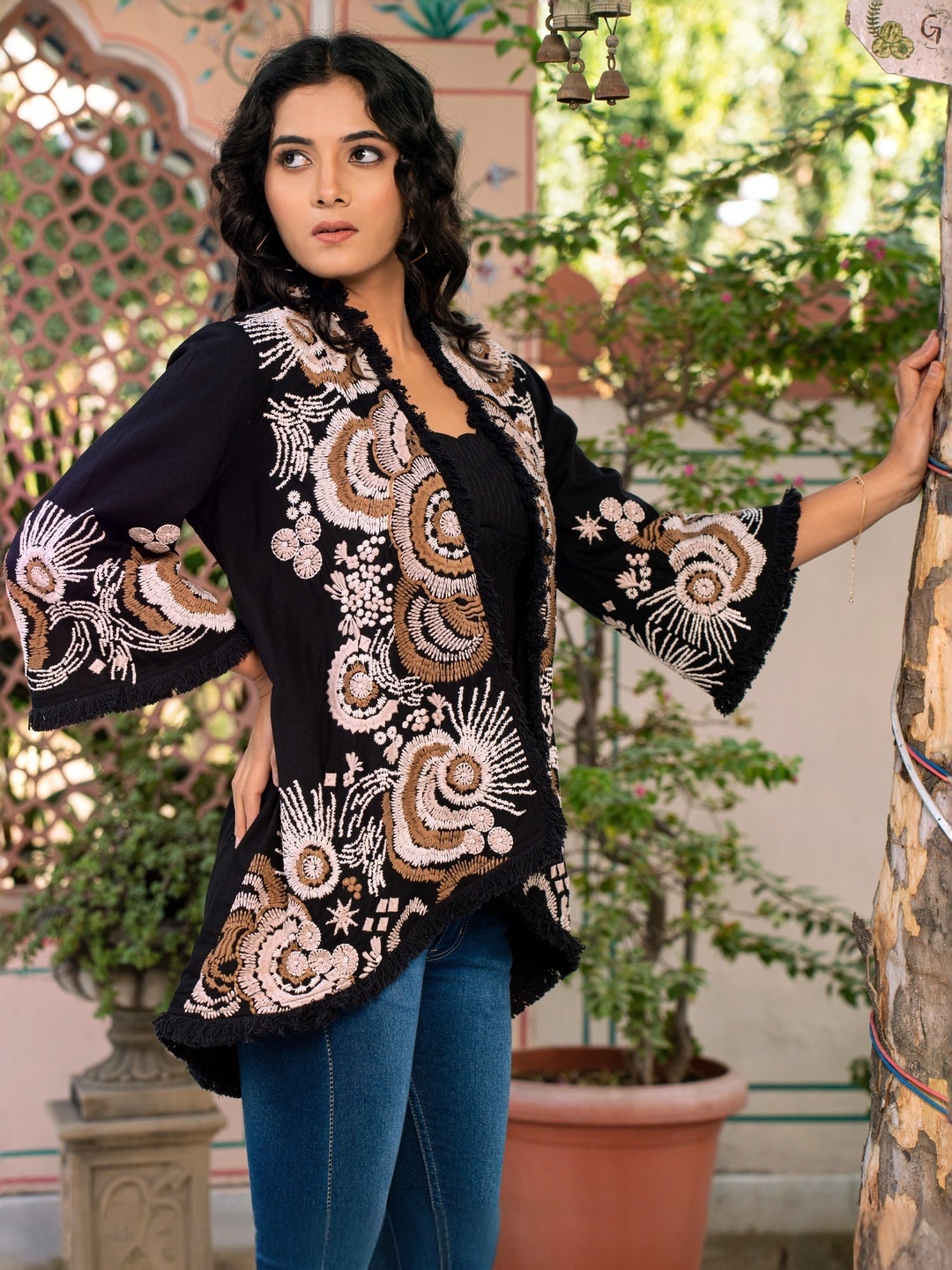 Zolo Label Black Cotton Embroidered Jacket