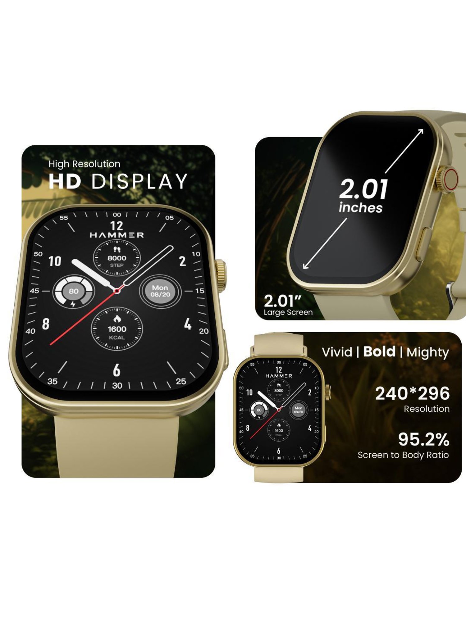 Hammer Tussle BT Calling Smartwatch with 2.01 inch HD Display & Voice Assistant (Champagne Gold)