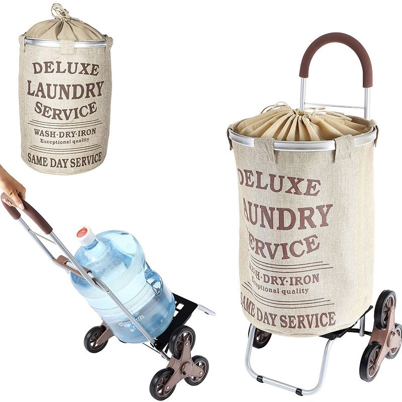 dbest products 38 Inch Stair Climber Trolley Dolly with Laundry Hamper Utility Cart with Removable Washable Liner, Beige