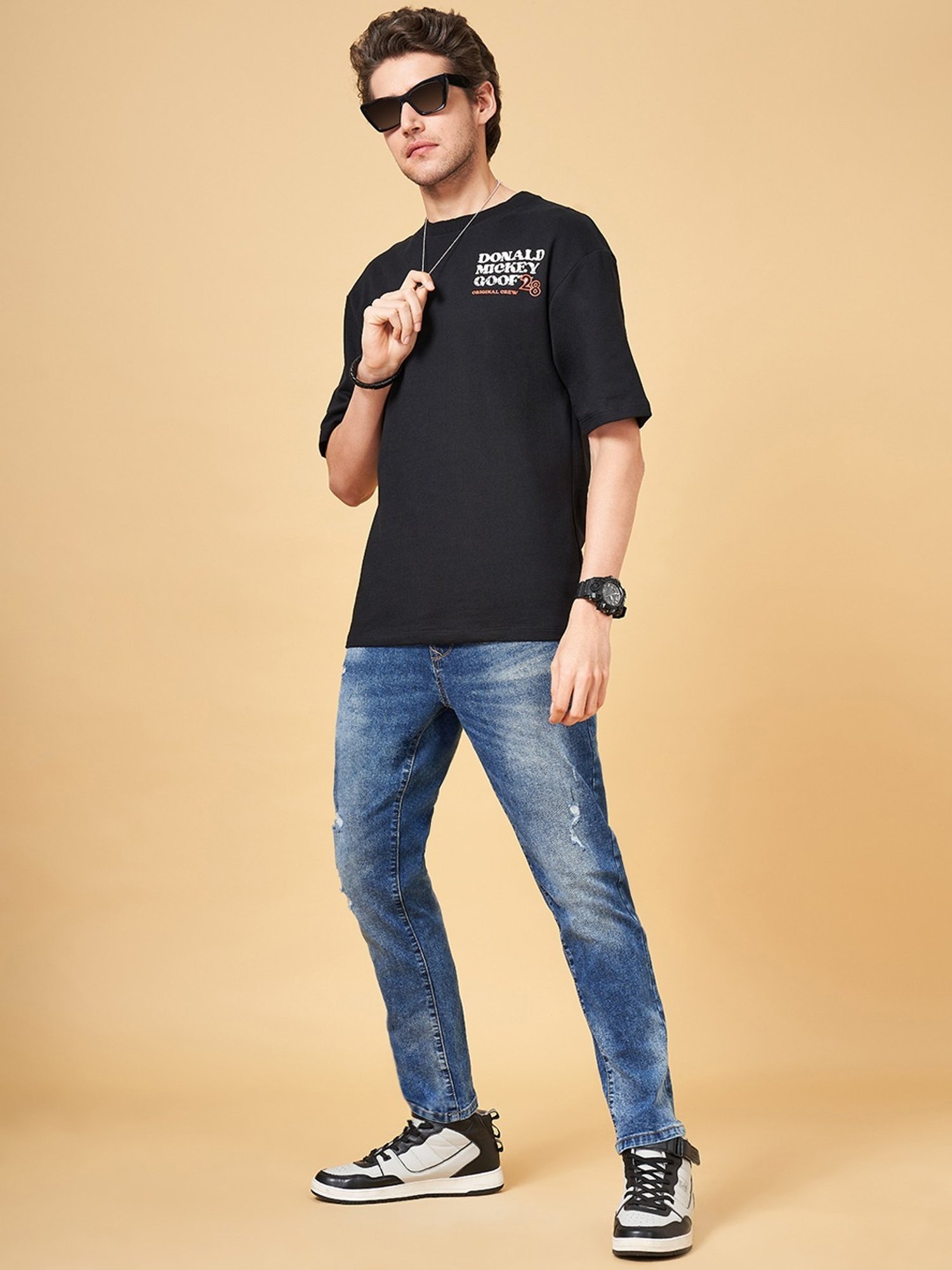 SF Jeans by Pantaloons Jet Black Cotton Relaxed Fit Printed T-Shirt