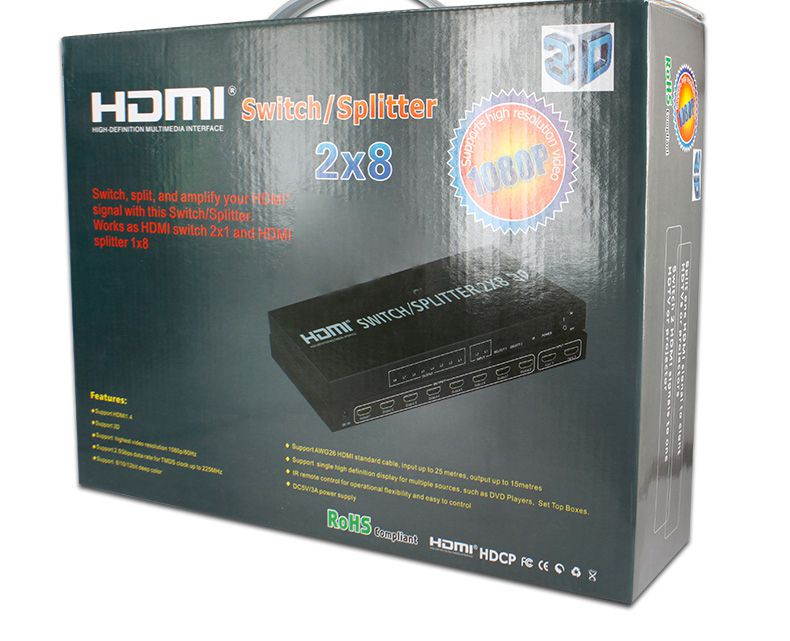 Gigbird 2*8 4K 60HZ HDMI Switch 2In 8 Out 1080P@60Hz 3D Video Formats HDMI Matrix Audio Video Converter,(with Remote Control and Charger)