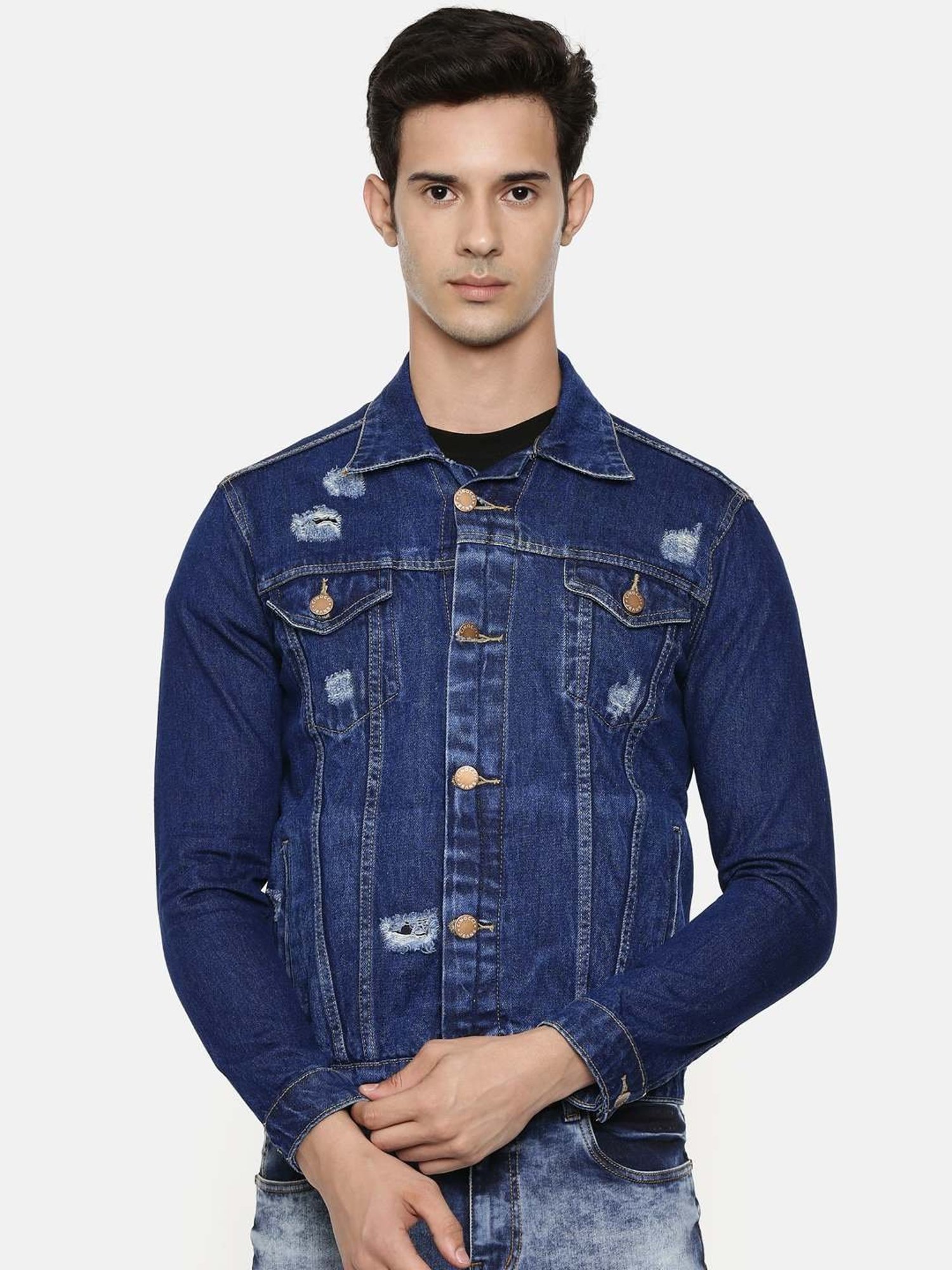 CINOCCI Blue Cotton Slim Fit Distressed Denim Jacket