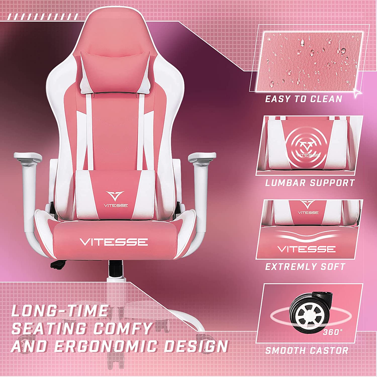 PUKAMI Pink Gaming Chair Cute Kawaii Gaming Chair for Girl Ergonomic Office Desk Chair Racing Office Chair Adjustable High Back Chair Game Chair Swivel Leather Chair with Lumbar Support and Headrest