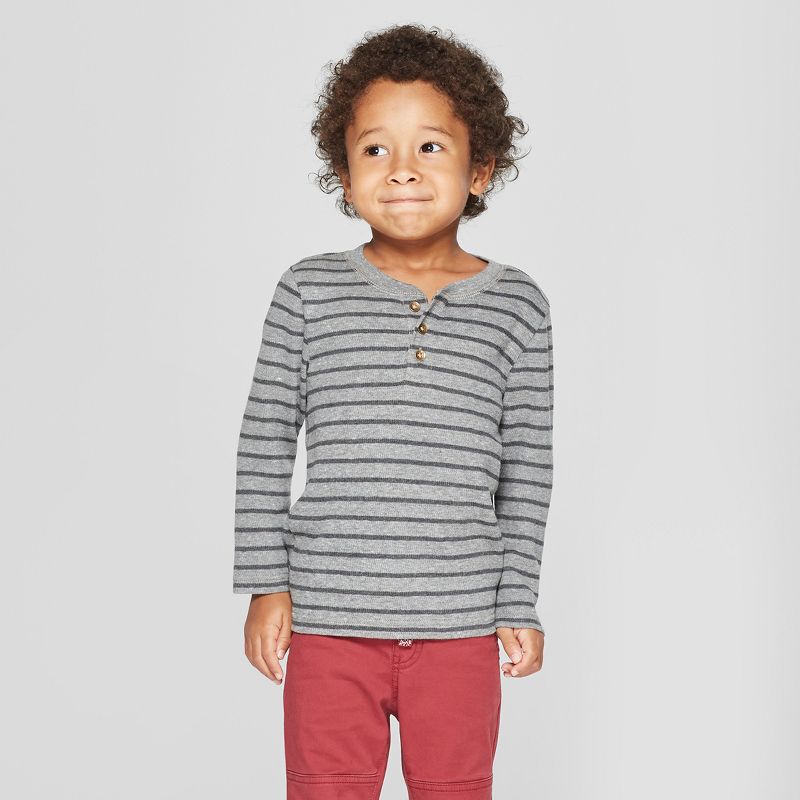 Toddler Boys' Long Sleeve Striped Henley - Cat & Jack™ Gray 12M