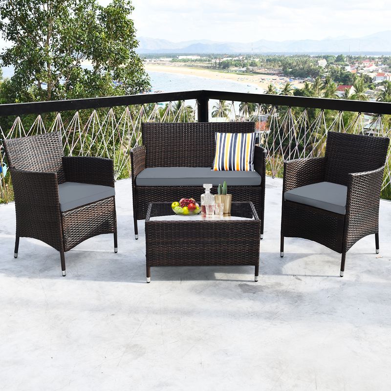 Costway 4 PCS Outdoor Patio Rattan Furniture Set Table Shelf Sofa W/ Gray Cushions