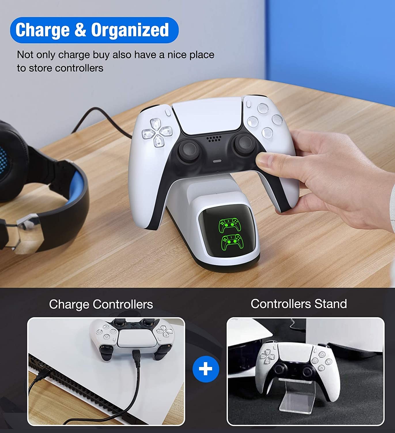 PS5 Charging Station, PS5 Controller Charger Station for Dualsense Controller, Upgrade PS5 Controller Charger with 5V/3A Fast Charging AC Adapter, YXwin PS5 Charger Stand for Dual Controller