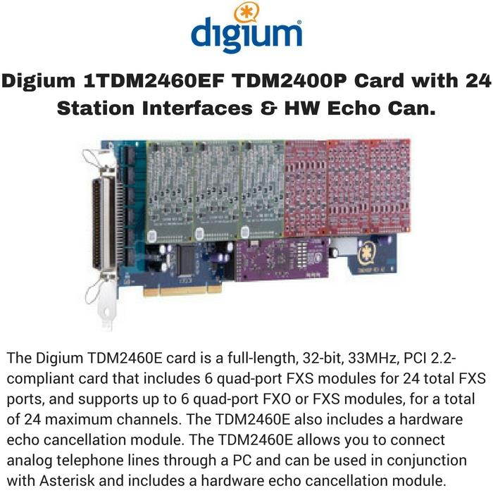 Digium 24 Port Modular Analog PCI 3.3/5.0V Card with 24 Station Interfaces and Hardware Echo Cancellation 1TDM2460EF