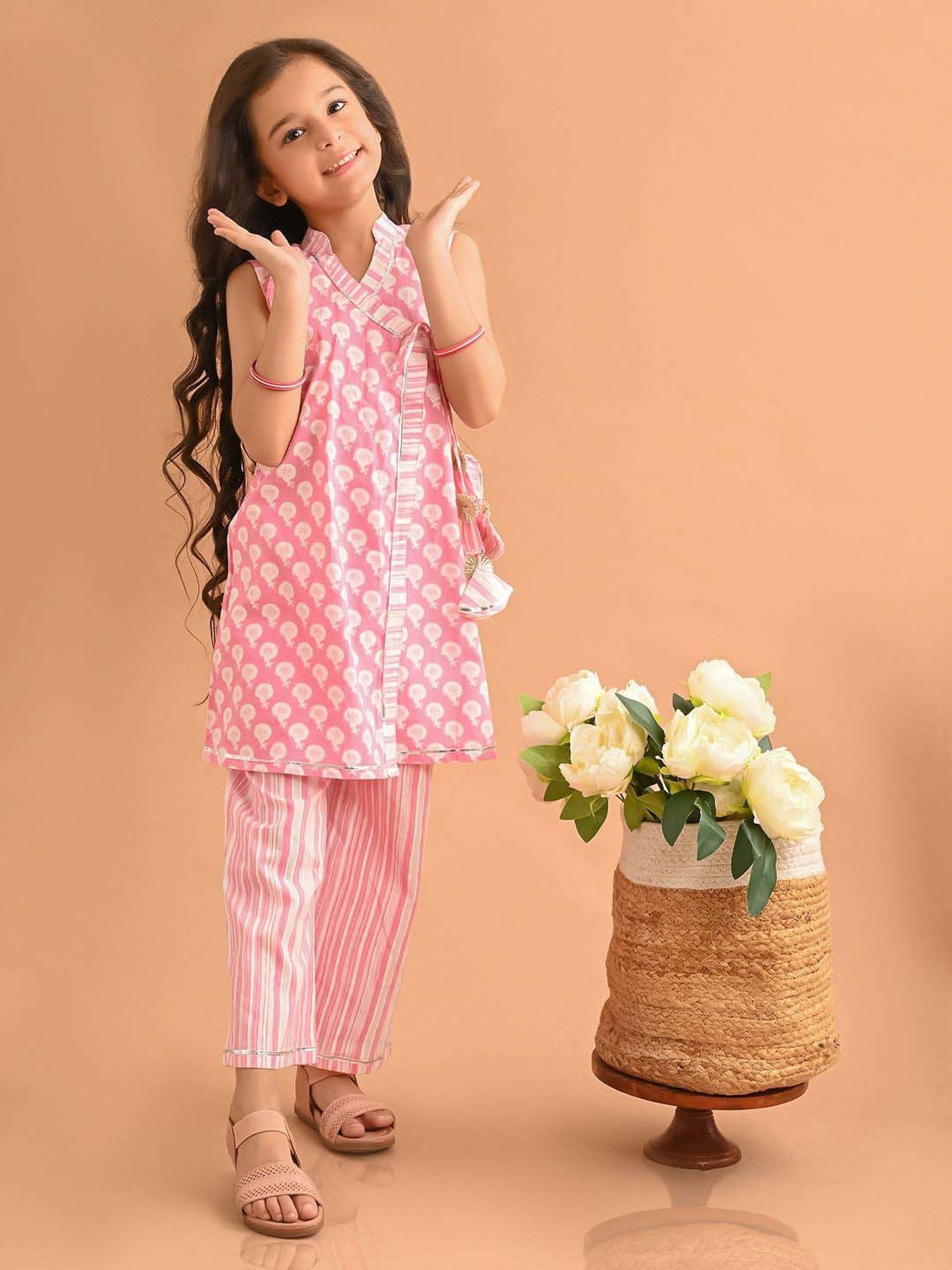 LilPicks Kids Pink & White Cotton Printed Kurta Set