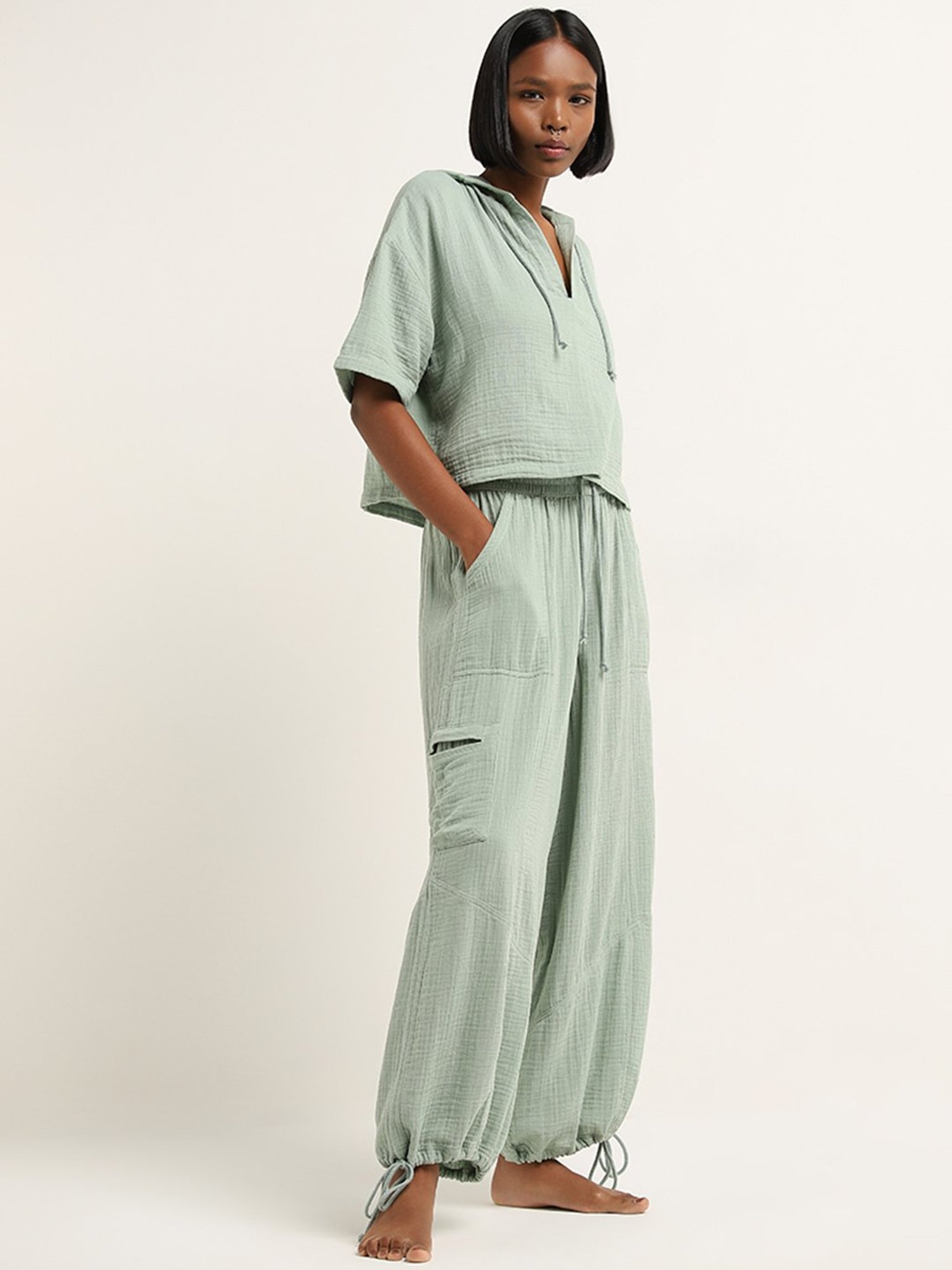 Superstar by Westside Light Sage Textured Mid-Rise Cotton Harem Pants