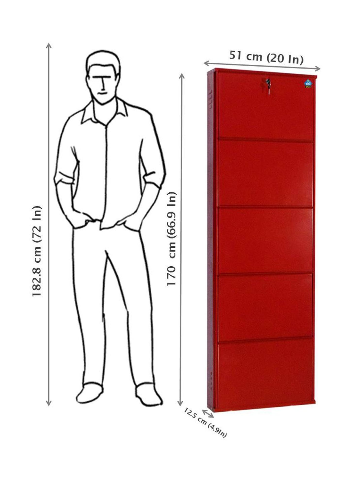 Delite Kom Metal Shoe Rack - 20" 5 Shelf, Brick Red, PowderCoat, Wall Mount, DIY