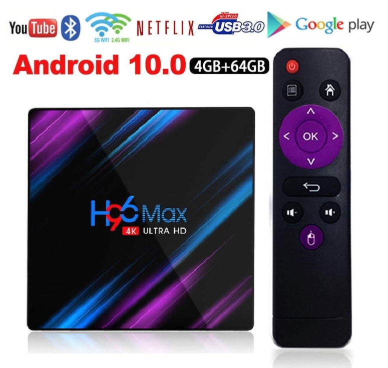 Android 10.0 TV Box,H96 Max 2020 Upgraded 5G Version RAM 4GB DDR3 64GB ROM Quad-Core Support 4K Ultra HD/H.265 / Dual WiFi 2.4G + 5G / HDMI / 3D Ethernet Bluetooth Android TV Video Play Box