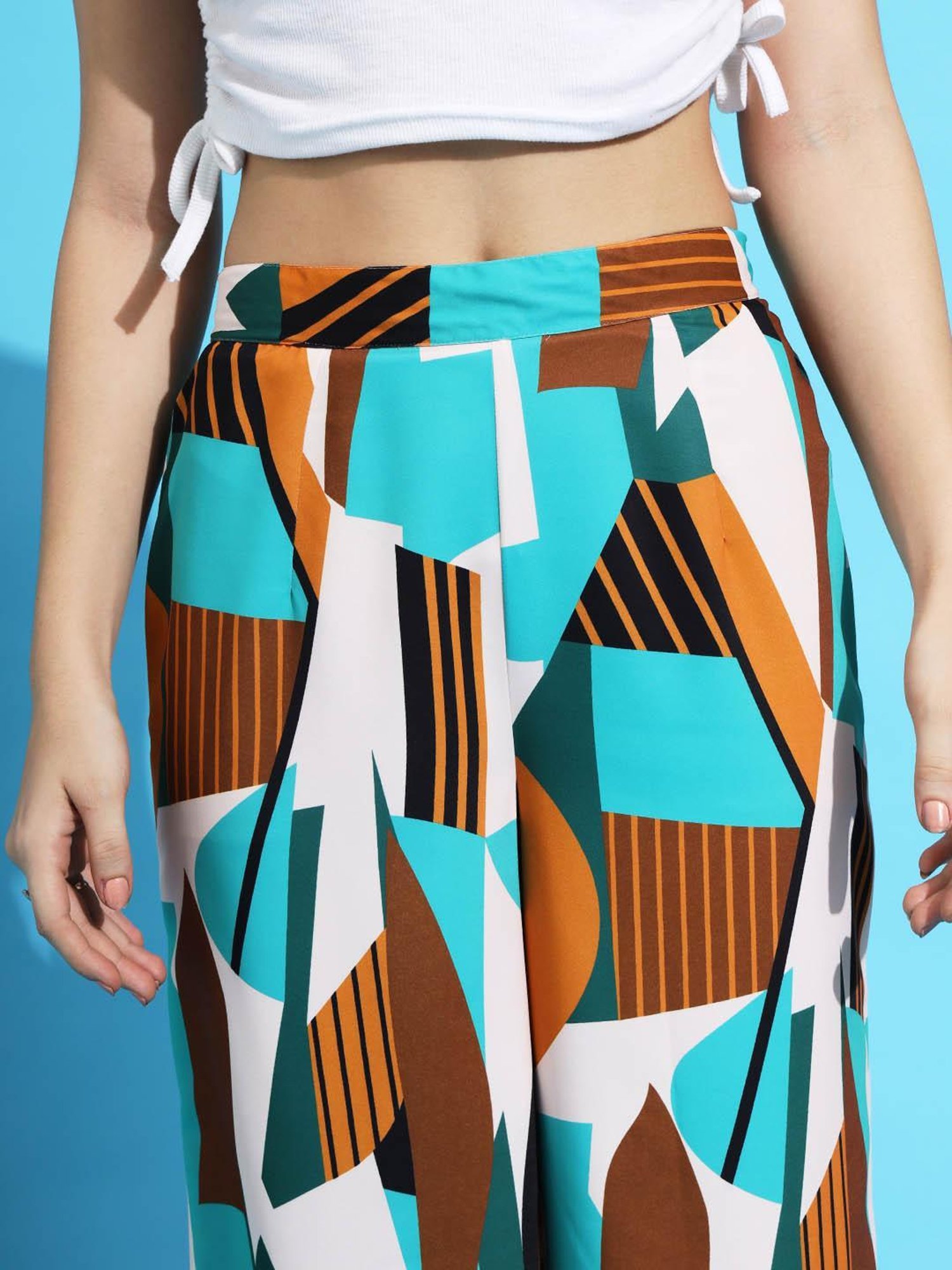 FITHUB Sky Blue & White Printed High Rise Trousers