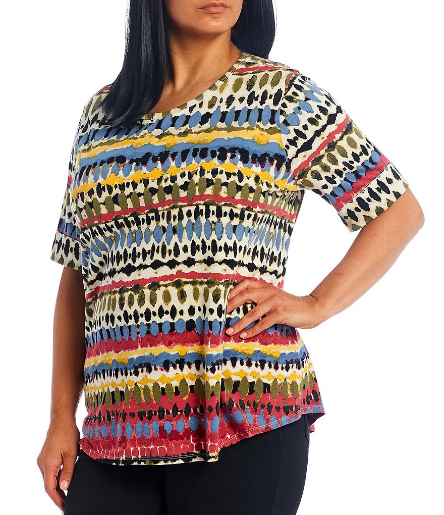 Westbound Plus Size Dot Stripe Short Sleeve Round Neck Cotton Blend Tee