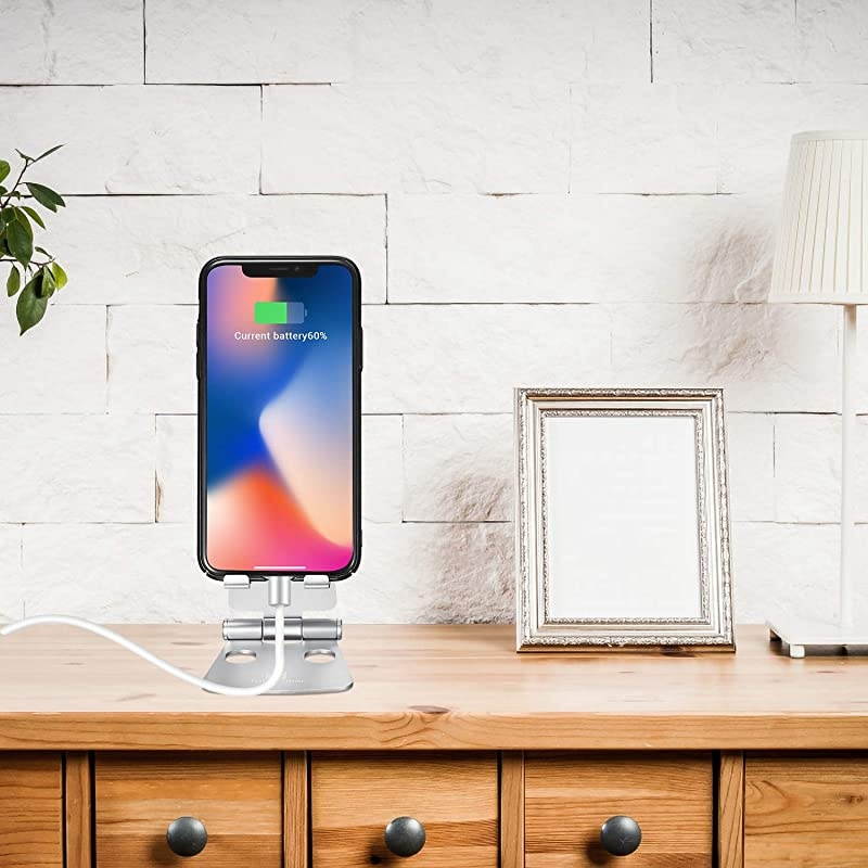 Adjustable Cell Phone Stand  Desk Phone Holder Portable Small Size Dual Angle Desktop Dock Compatible with iPhone 12 11 XR XS X 8 7 6 Plus Samsung Google Office Home Decor Silver