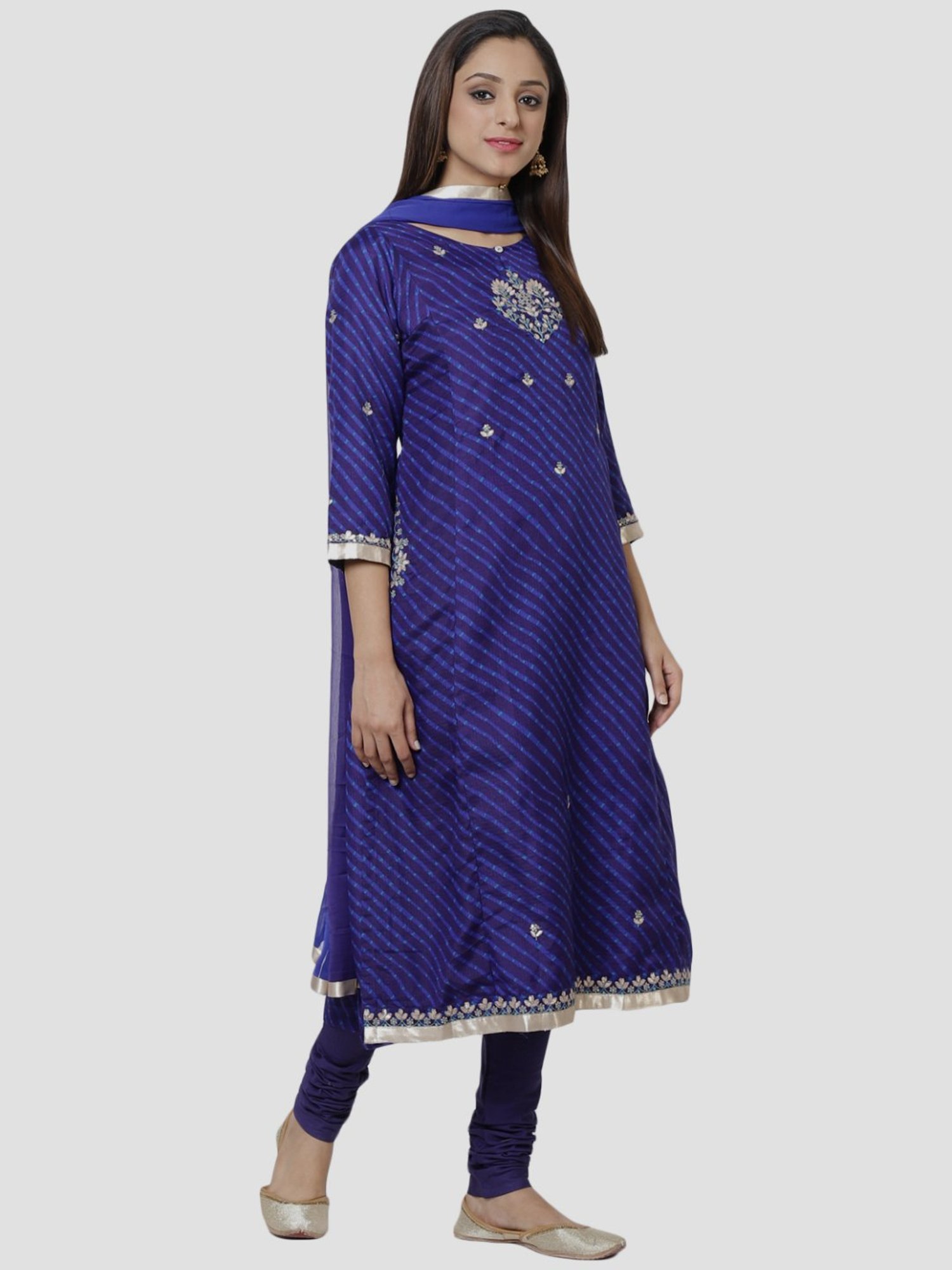 Biba Royal Blue Embroidered Kurta Churidar Set With Dupatta