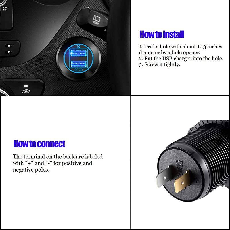 36W Quick Charge 3.0 Dual USB Car Charger Socket, Metal Waterproof 12V USB Outlet with Blue LED & 10A Fuse for 12V/24V Marine Boat Golf Cart Truck Motorcycle and More