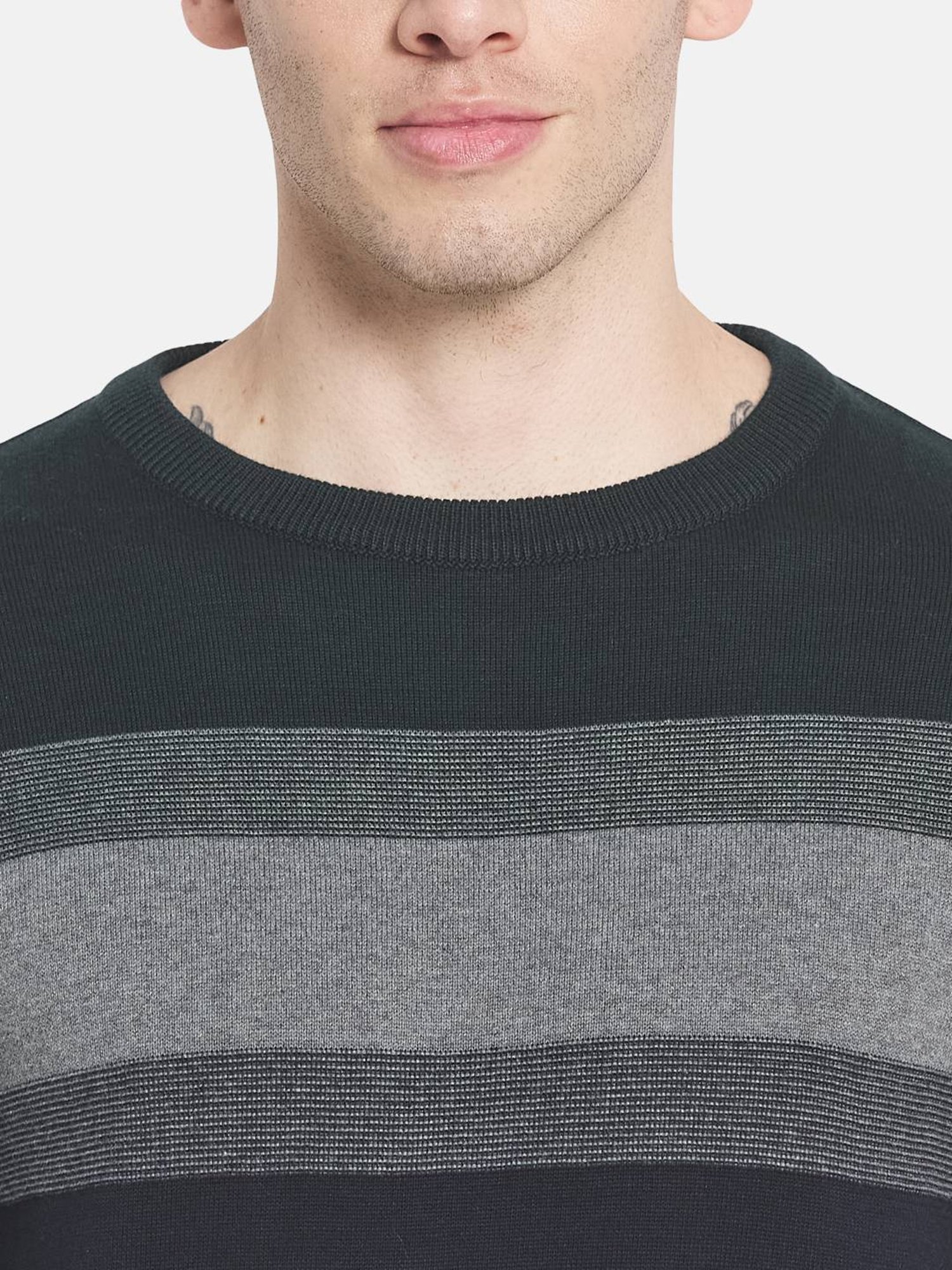 Mettle Green Cotton Regular Fit Striped Sweater