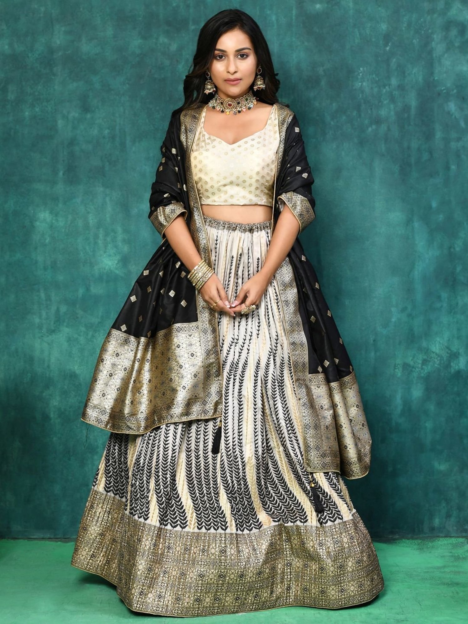 Elora Black & White Woven Pattern Semi Stitched Lehenga Choli Set With Dupatta