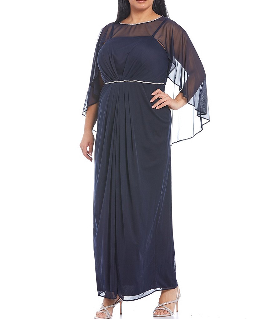 R & M Richards Plus Size Round Neck 3/4 Sleeve Matte Chiffon Flyaway Cape Gown