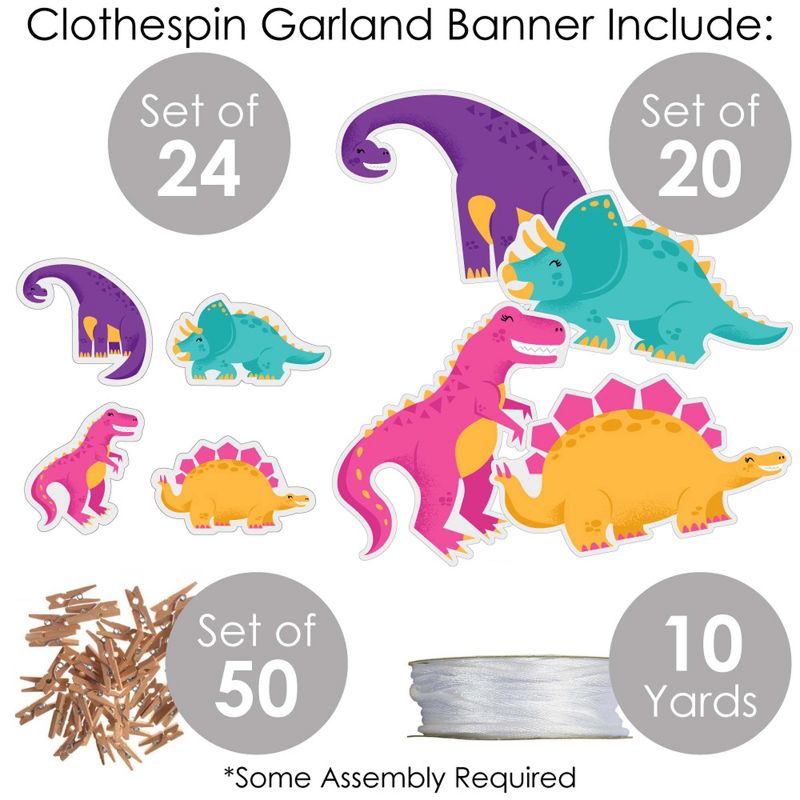 Big Dot of Happiness Roar Dinosaur Girl - Dino Mite Trex Baby Shower or Birthday Party DIY Decorations - Clothespin Garland Banner - 44 Pieces