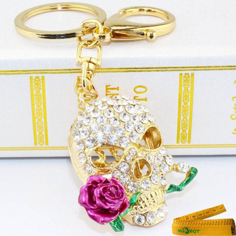 Cool 3D Skull with Dark Red or Purple Rose Flower Crystal Rhinestone Alley Metal Bling Bling Key Chain Ring Keychain Cell Phone Car Bag Purse Charm Decor Pendant Decoration Ornament