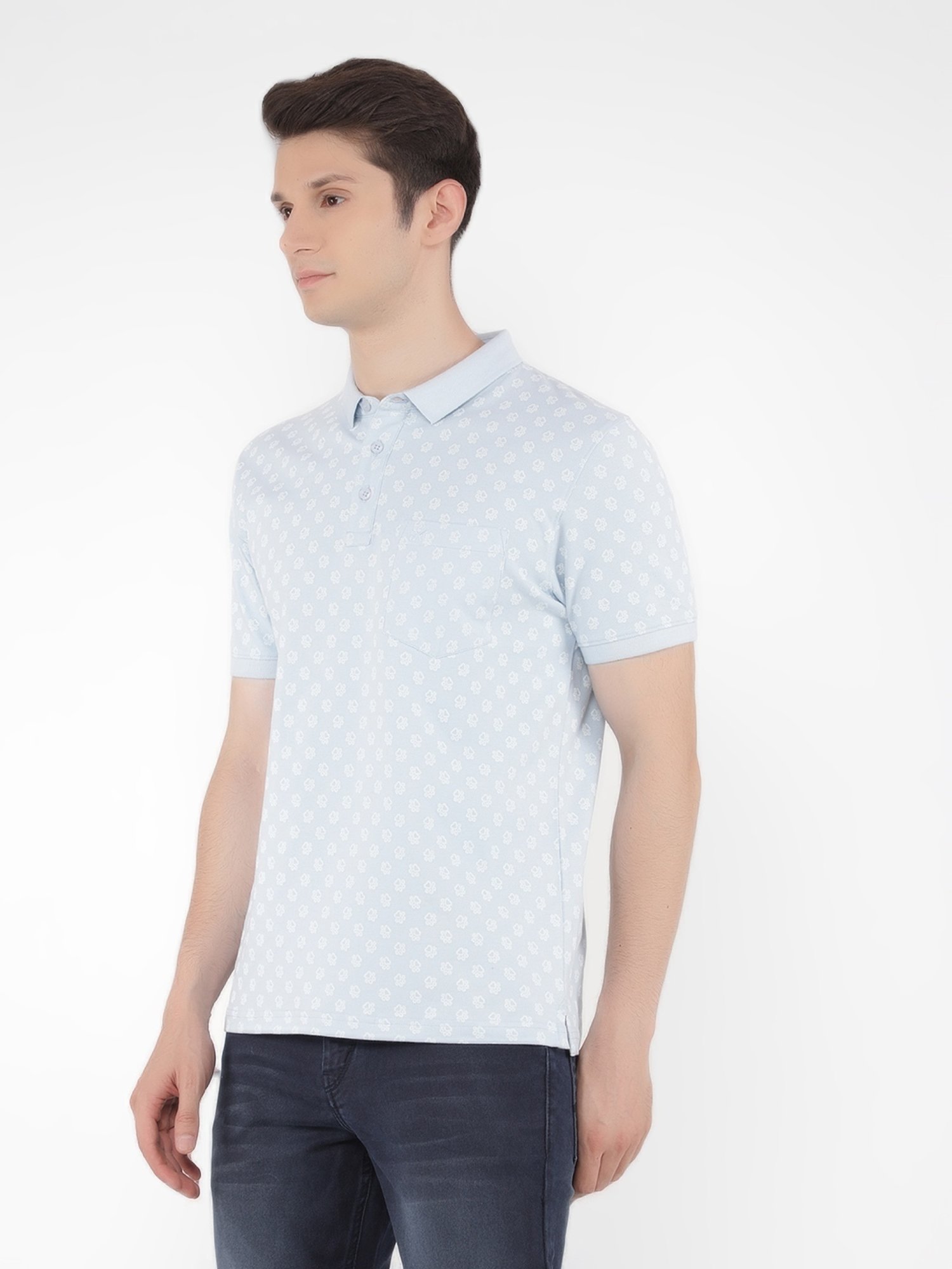 Crimsoune Club Blue Cotton Slim Fit Printed Polo T-Shirt
