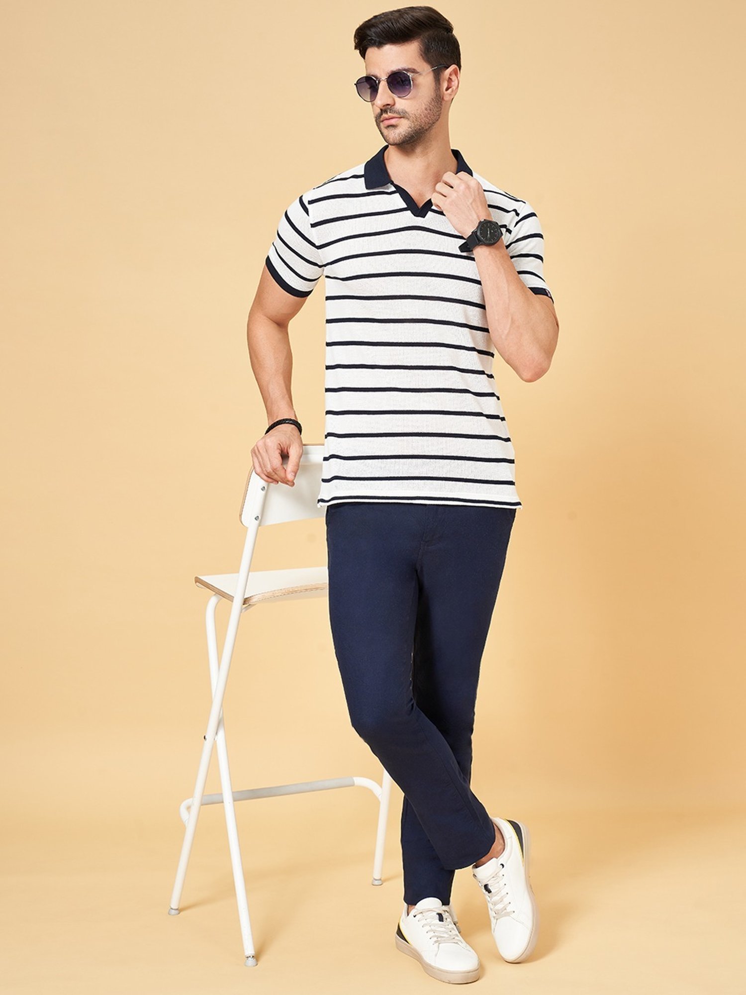 Byford by Pantaloons Navy Slim Fit Striped Polo T-Shirt