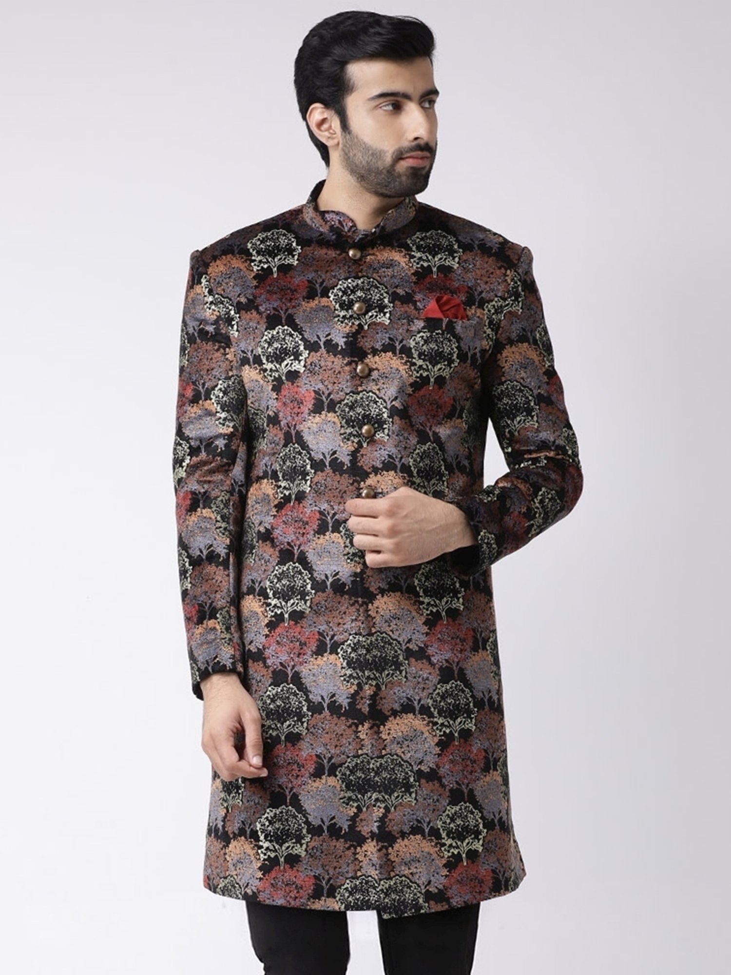 Kisah Black Regular Fit Printed Sherwani Jacket